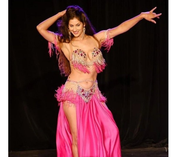 Professional Belly Dance Costume Amira STYLE Bra, Skirt With Pants,  Drapery, Pink Fuchsia Fabric , Gold Applique, Glass Rhinestones 